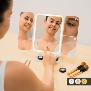 Espejo de Maquillaje Tríptico Recargable con Aumento y Luz